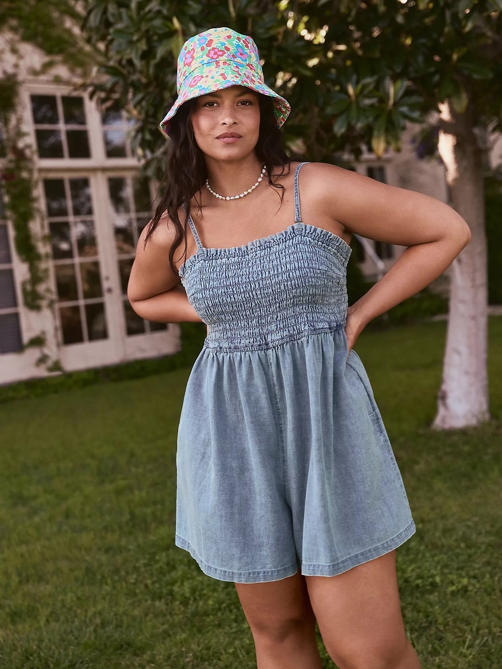 Anthropologie Pilcro smocked romper chambray denim shortalls